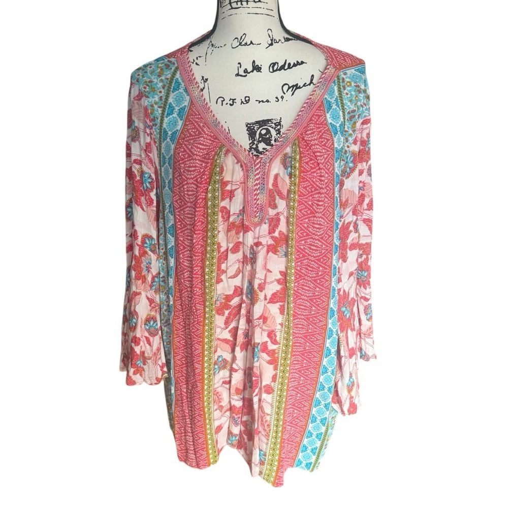 New Directions Women's Gauze‎ Pink and Blue Top Bell Sleeves 3X